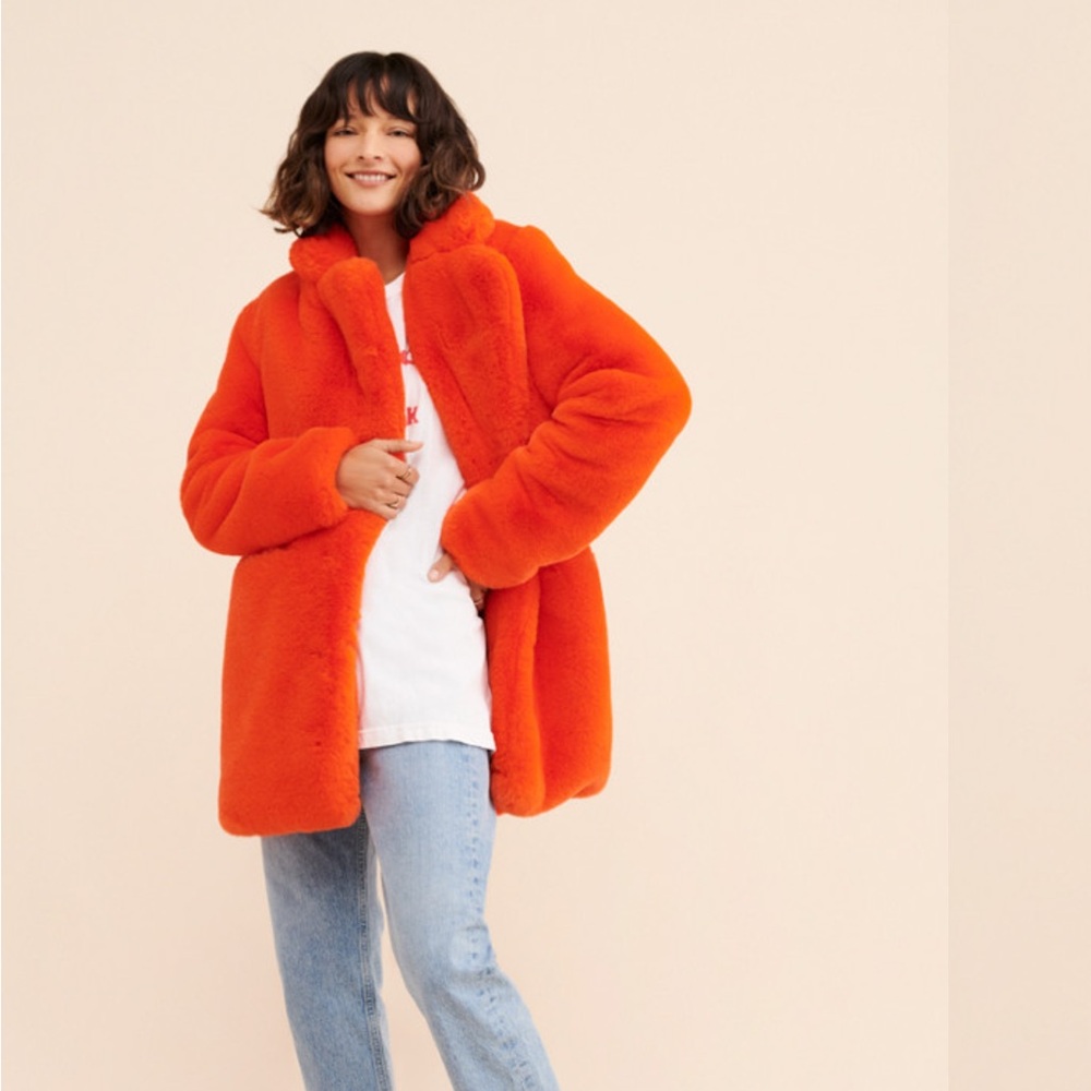 Apparis Bright Orange Faux Fur Coat
